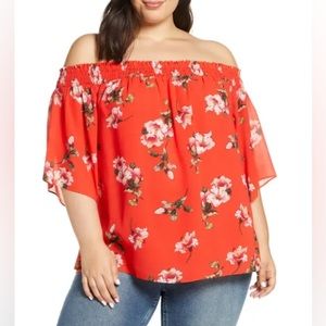 RACHEL Rachel Roy Off the Shoulder Tropical Print Top in Red Size: 3X